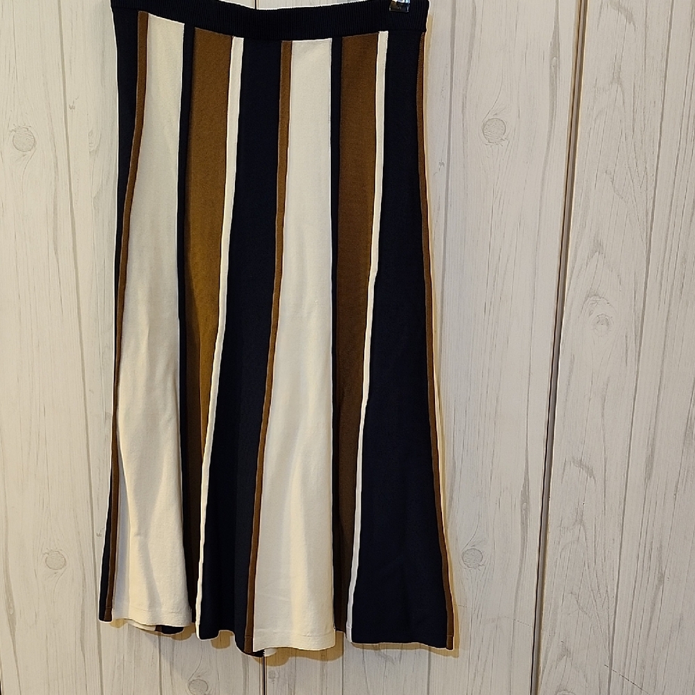 J. Crew Black, White, and Brown Striped Midi Skirt